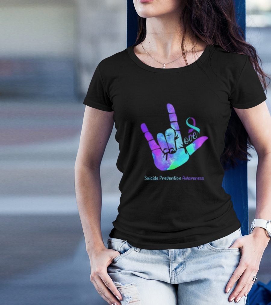 Love Hand Sign With Ribbon For Suicide Prevention Awareness T-Shirt