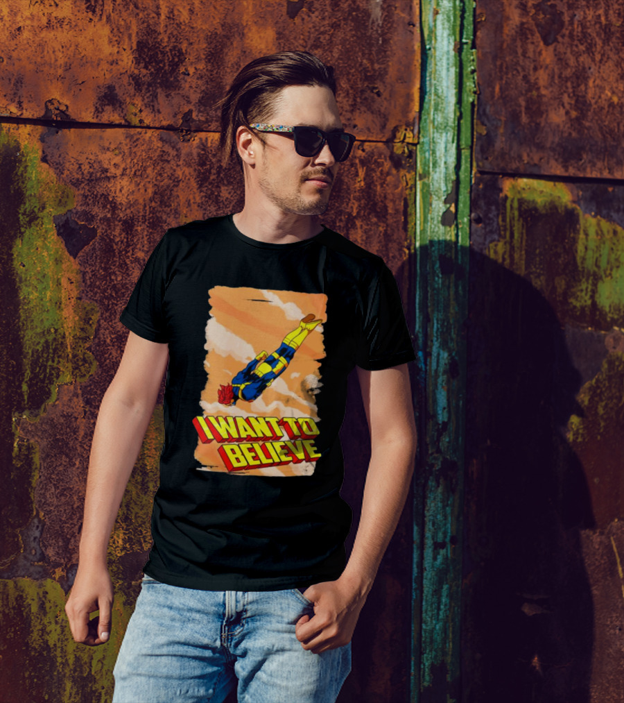 I Want To Believe Superheroes Retro Flying Hero In Yellow And Blue Suit T-Shirt