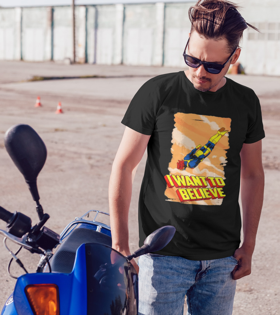 I Want To Believe Superheroes Retro Flying Hero In Yellow And Blue Suit T-Shirt