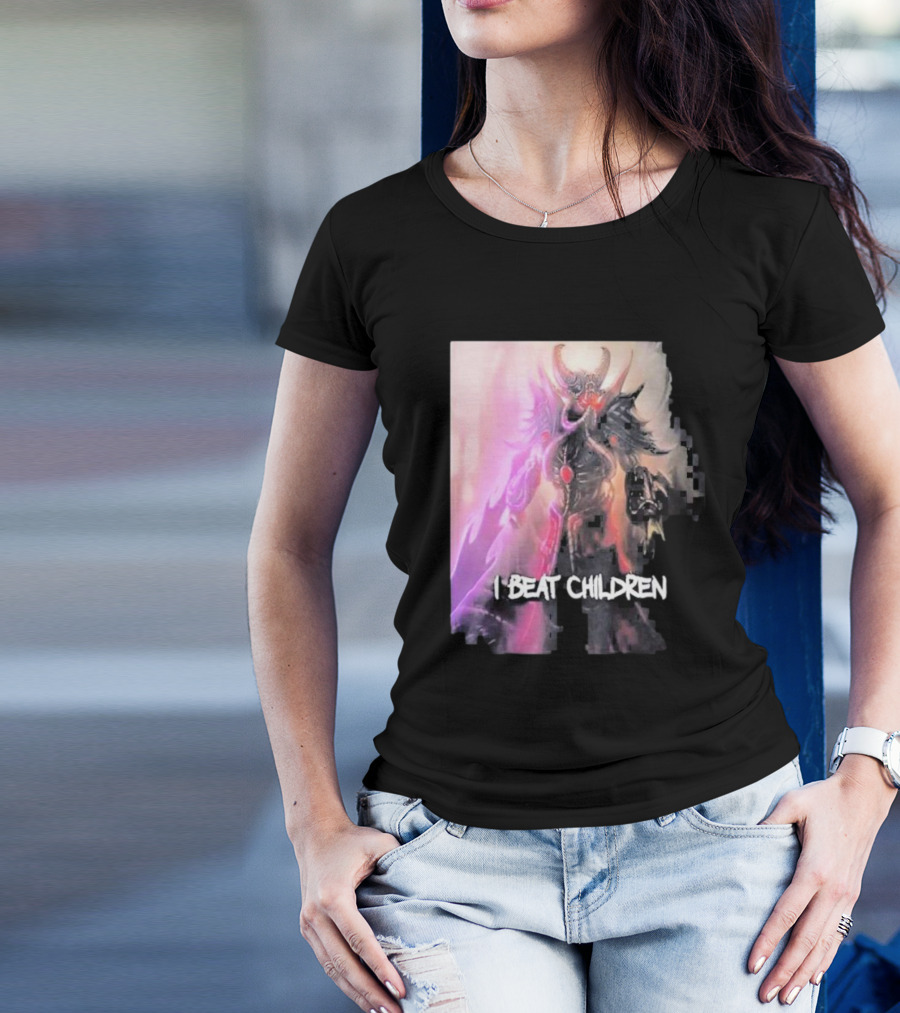 Kassadin I Beat Children Text Featuring Dark Mysterious Armored Character With Glowing Accents T-Shirt