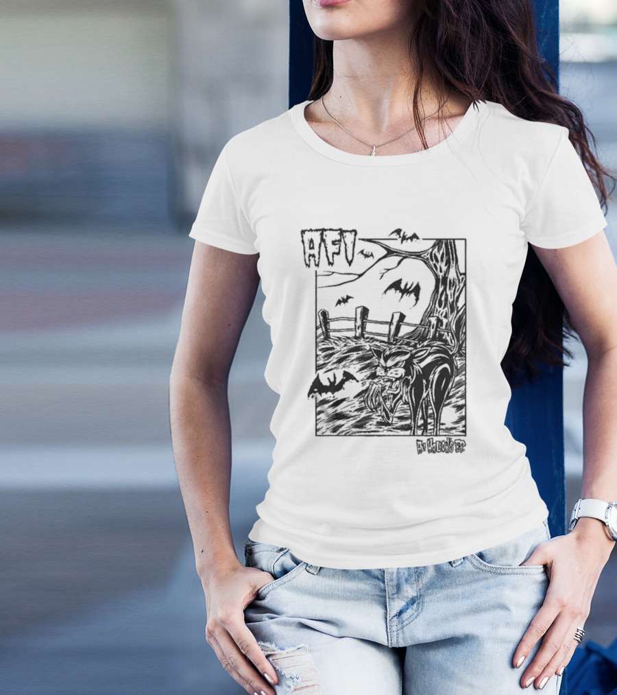 AFI All Hallow's Eve Bats And Black Cat In Haunted Scene T-Shirt