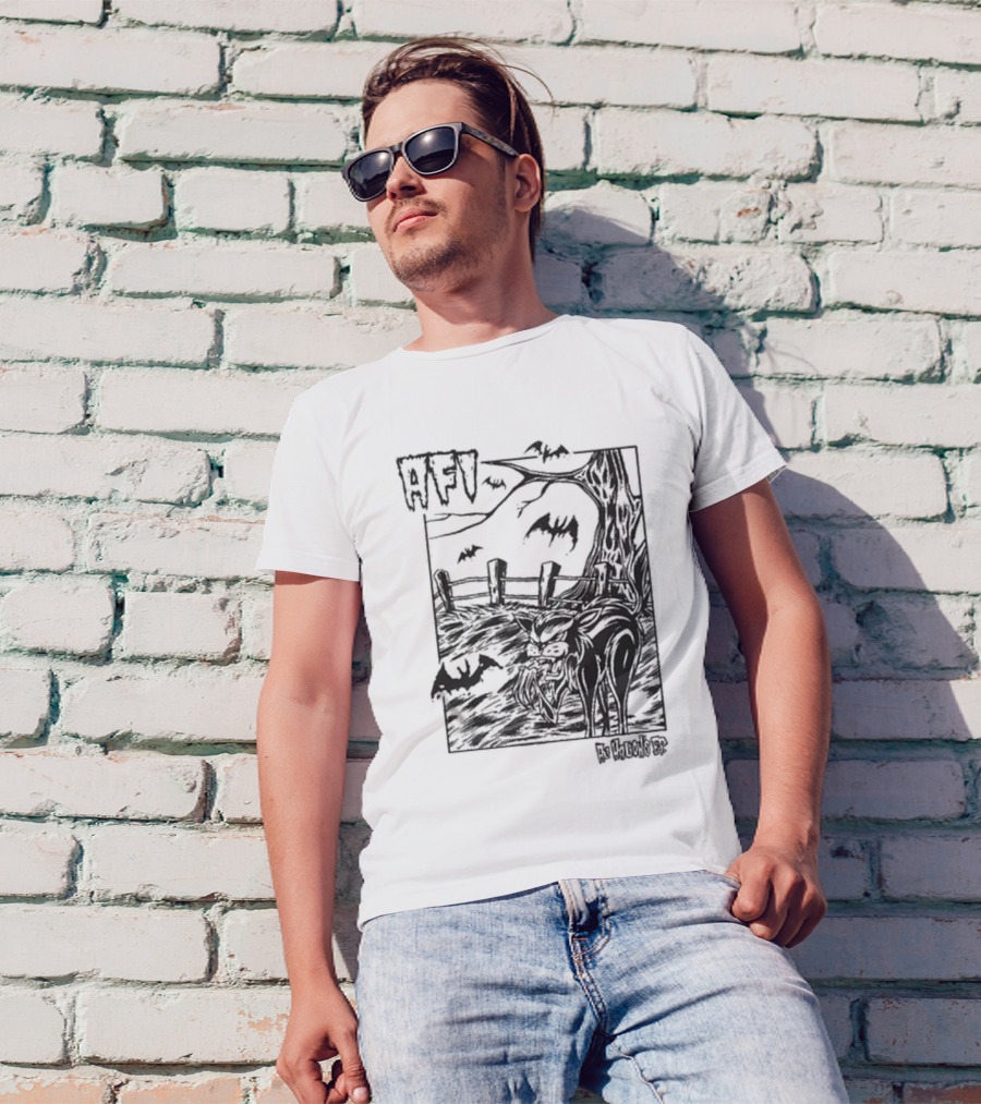 AFI All Hallow's Eve Bats And Black Cat In Haunted Scene T-Shirt