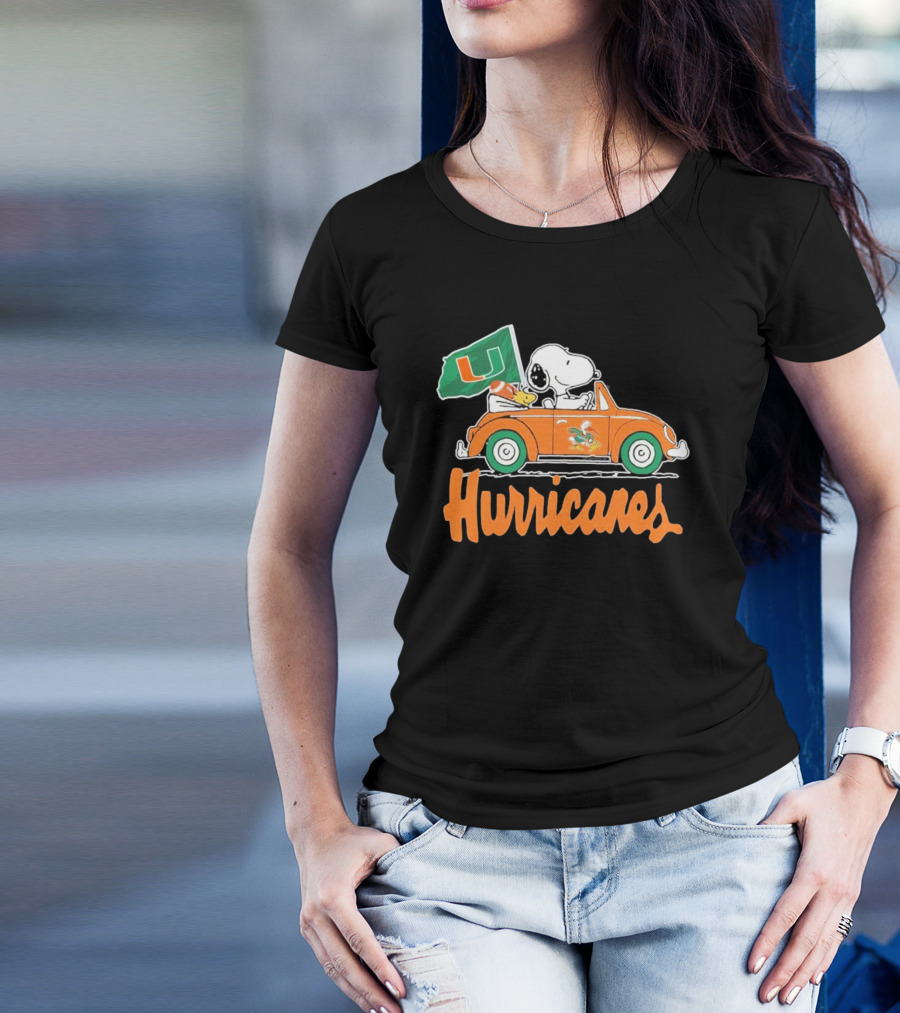 Peanuts Snoopy Woodstock Miami Hurricanes Car Driving With Flag T-Shirt