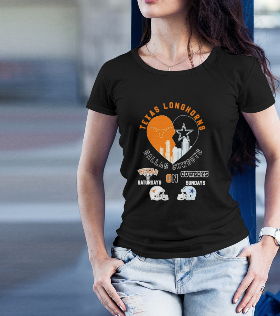 Texas Longhorns Dallas Cowboys Heart Skyline Saturdays Sundays Football Helmets T-Shirt