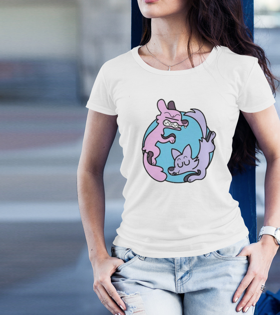 Yin Yang Cartoon Wolves Colorful Art By Ac Stuart T-Shirt