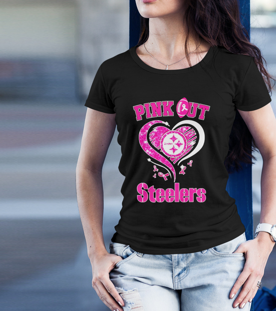 Pink Out Steelers Breast Cancer Heart Diamond T-Shirt