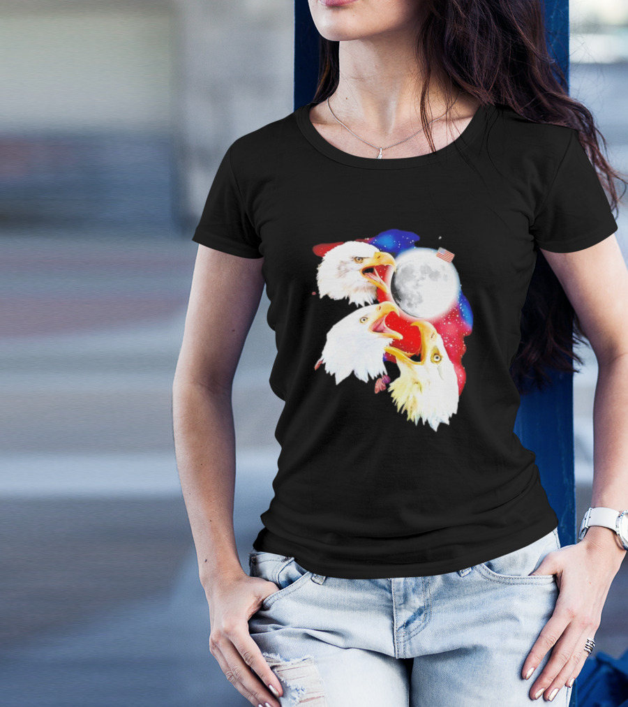 Three Eagles To The Moon American Flag Lunar Trio T-Shirt