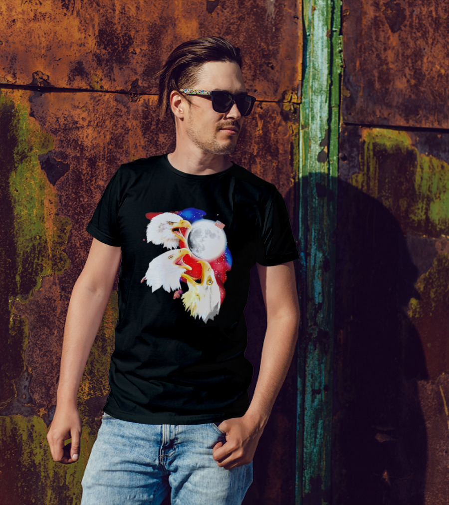 Three Eagles To The Moon American Flag Lunar Trio T-Shirt