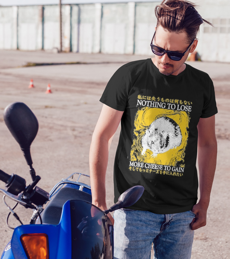 Nothing To Lose More Cheese To Gain Lukathemouse Yellow Background Japanese Text T-Shirt