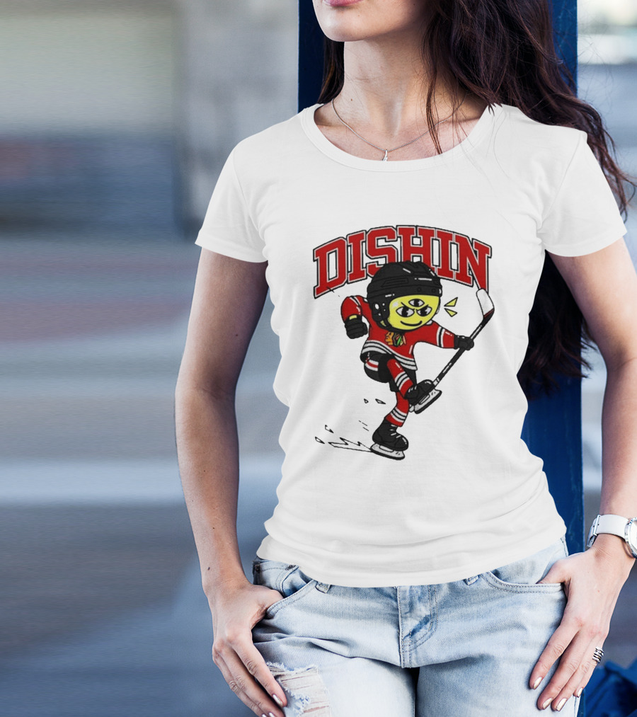Chicago Blackhawks Just Dishin Hockey Player Cartoon Character Skating T-Shirt