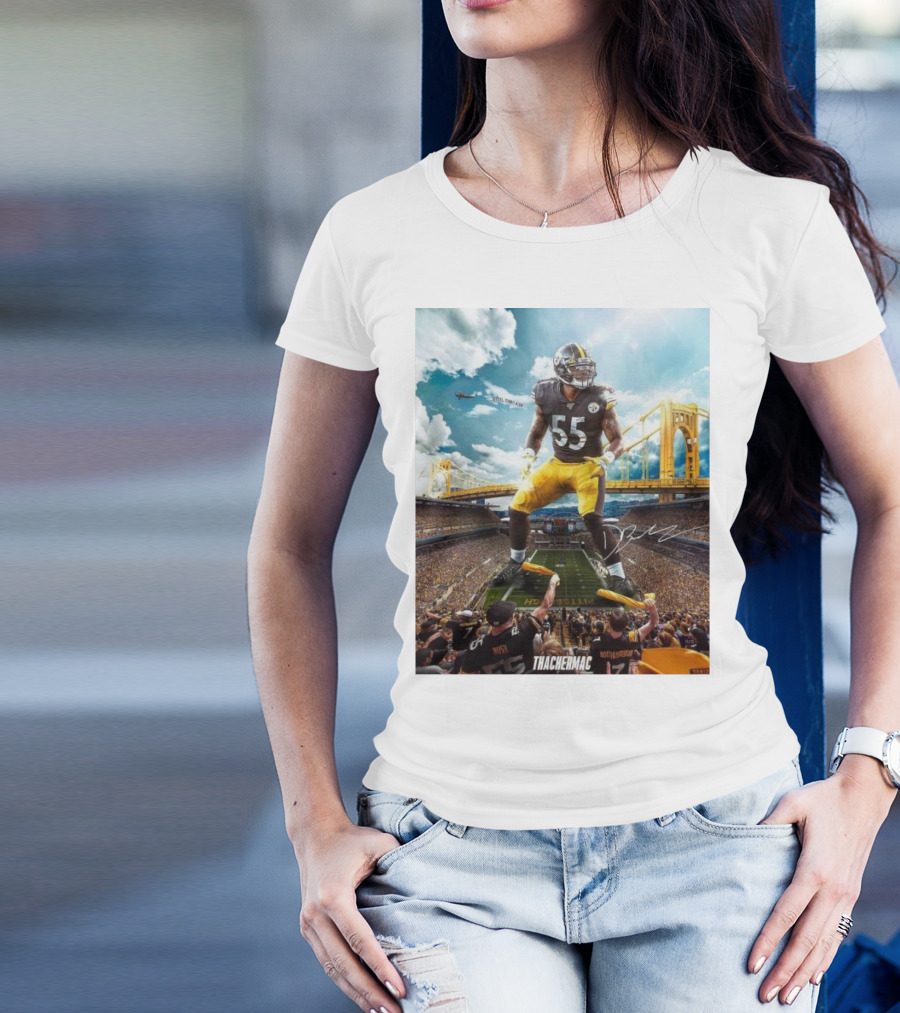 Thachermac Pittsburgh Steelers 55 Player In Stadium With Signature And Bridge Background T-Shirt