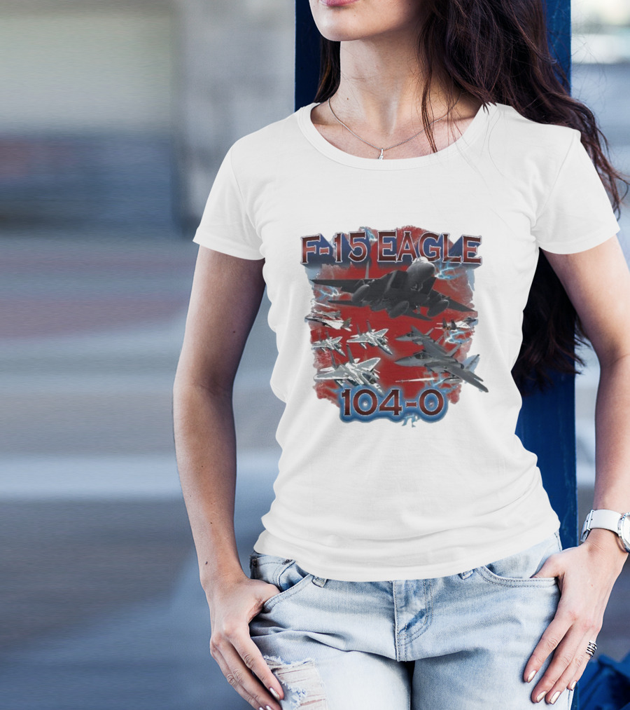 F-15 Eagle 104-0 Jet Aircraft Formation With Lightning And Red Backdrop T-Shirt