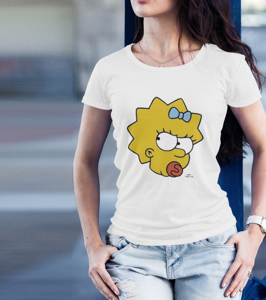 Simpsons Maggie Angry Big Face Black Sunglasses Blue Bow T-Shirt