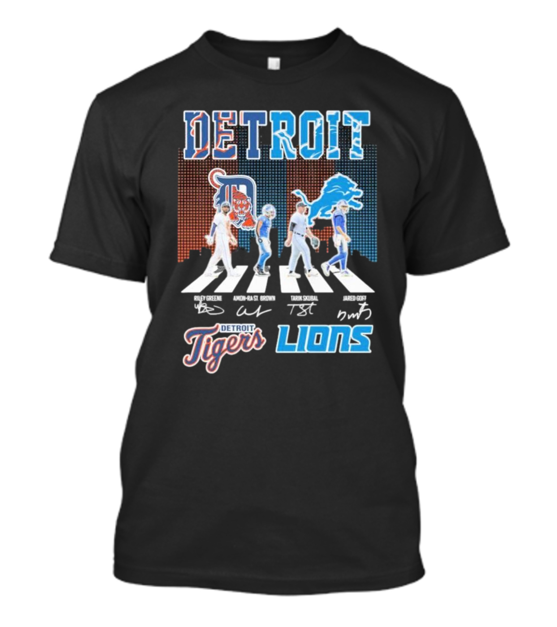 Detroit Lions Detroit Tigers Abbey Road Riley Greene Amon-Ra St. Brown Tarik Skubal Jared Goff Signatures T-Shirt