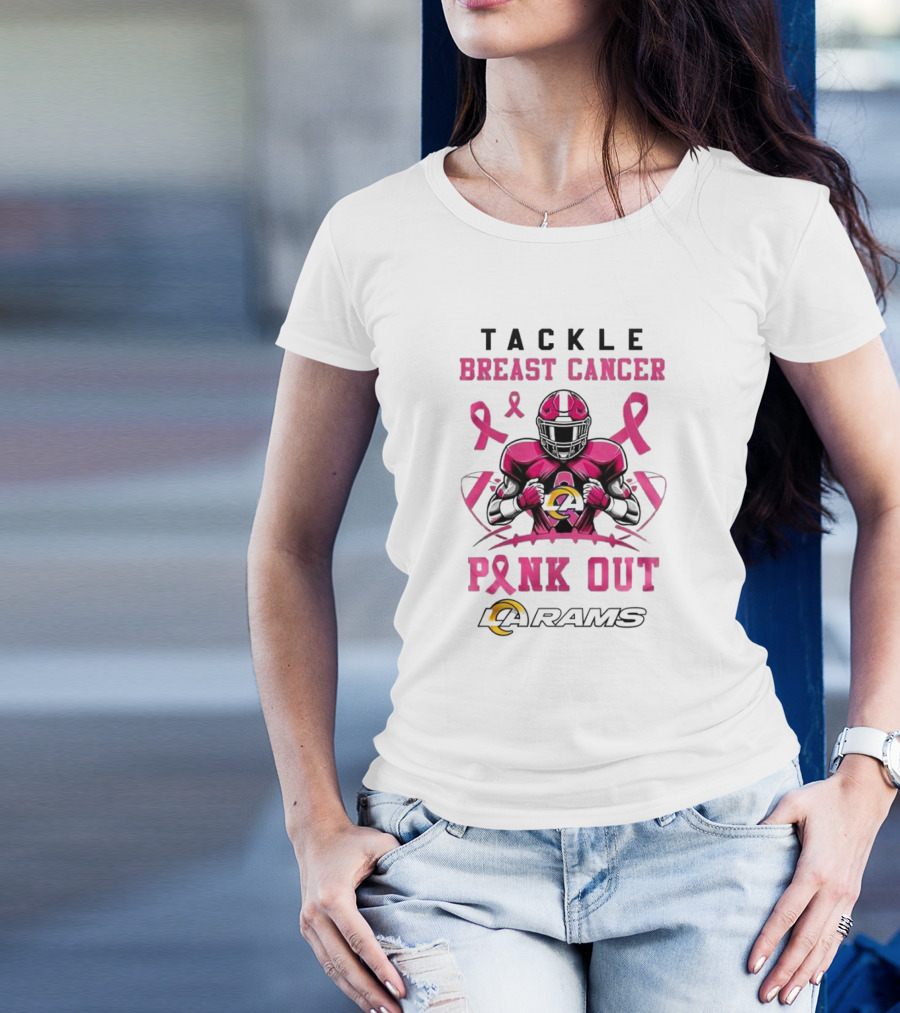 Los Angeles Rams Tackle Breast Cancer Pink Out 2024 Pink Ribbon Football Player T-Shirt