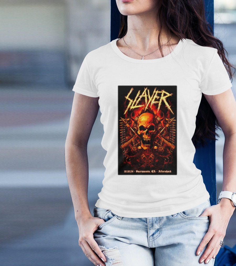 Slayer Aftershock Tour Sacramento CA October 10 2024 Skull And Crossed Swords T-Shirt