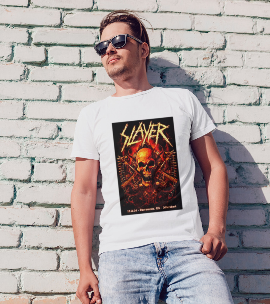 Slayer Aftershock Tour Sacramento CA October 10 2024 Skull And Crossed Swords T-Shirt