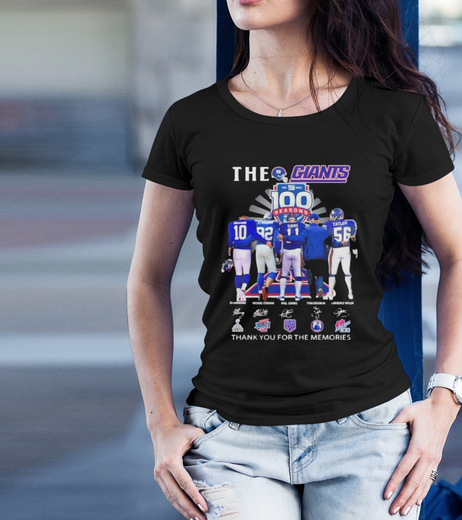 THE GIANTS 100 SEASONS Eli Manning Michael Strahan Phil Simms Tom Coughlin Lawrence Taylor Thank You For The Memories T-Shirt