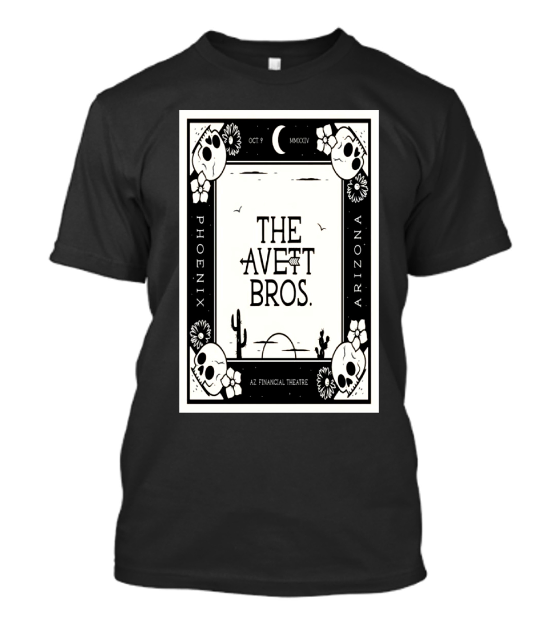 The Avett Brothers Phoenix Arizona AZ Financial Theatre October 9 2024 Moon Cacti Skulls Flowers T-Shirt
