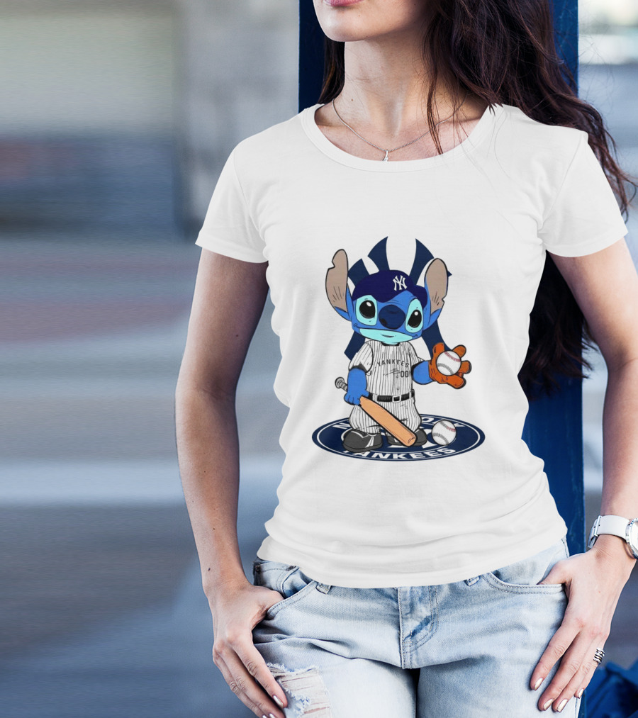 Stitch Yankees 2024 Baseball Character With Cap And Bat T-Shirt