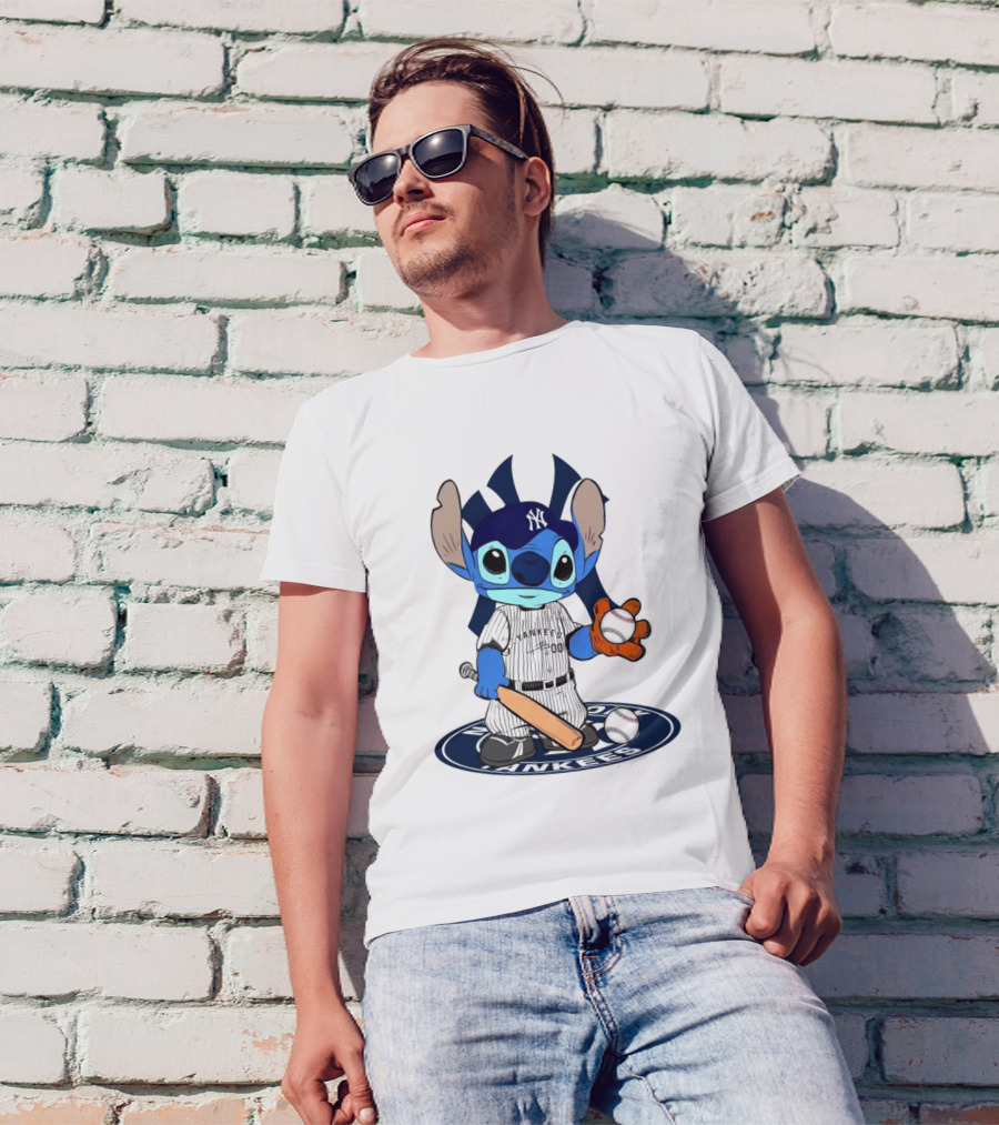 Stitch Yankees 2024 Baseball Character With Cap And Bat T-Shirt