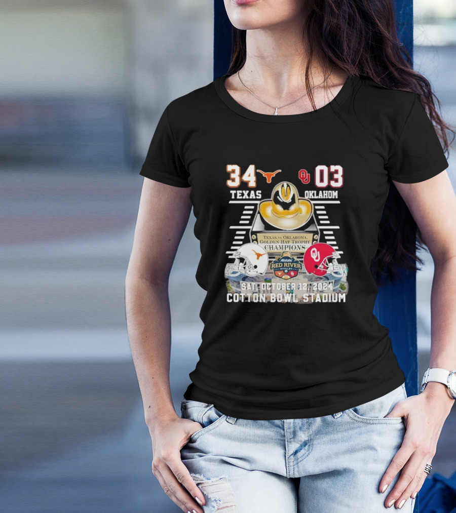 Texas Vs Oklahoma Red River Showdown 2024 Golden Hat Trophy Champions Cotton Bowl Stadium October 12 T-Shirt