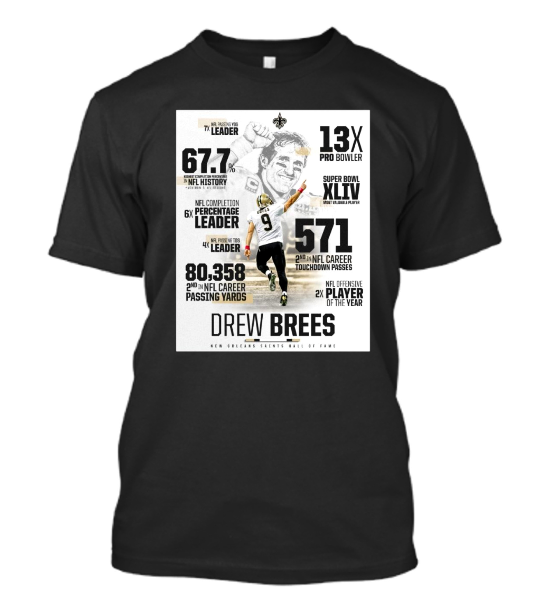 New Orleans Saints Hall Of Fame Drew Brees 13X Pro Bowler Super Bowl XLIV MVP NFL Leader 80,358 Passing Yards T-Shirt
