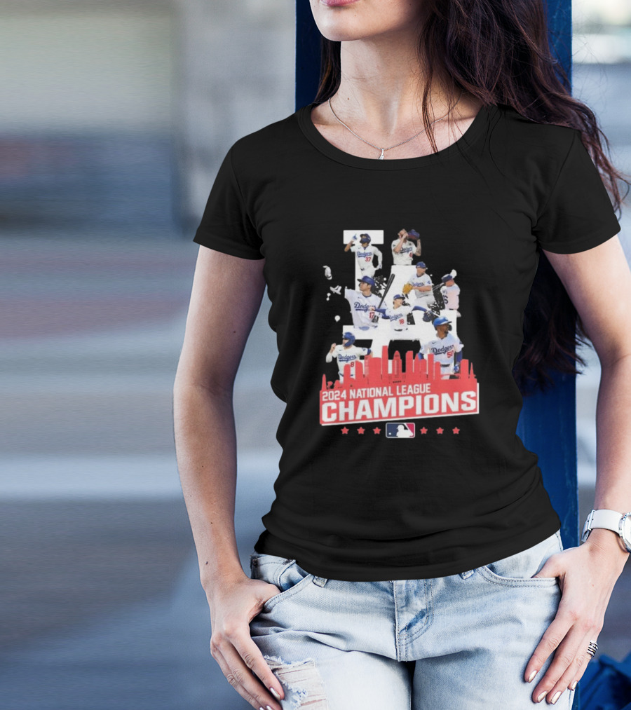 Los Angeles Dodgers 2024 National League Champions Team Celebration Skyline T-Shirt