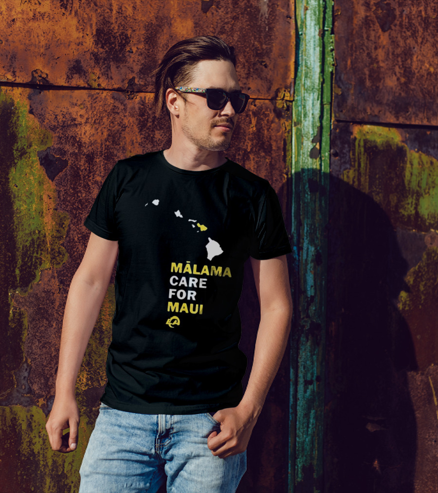 Mālama Care For Maui Los Angeles Rams Support With Hawaiian Islands Map T-Shirt