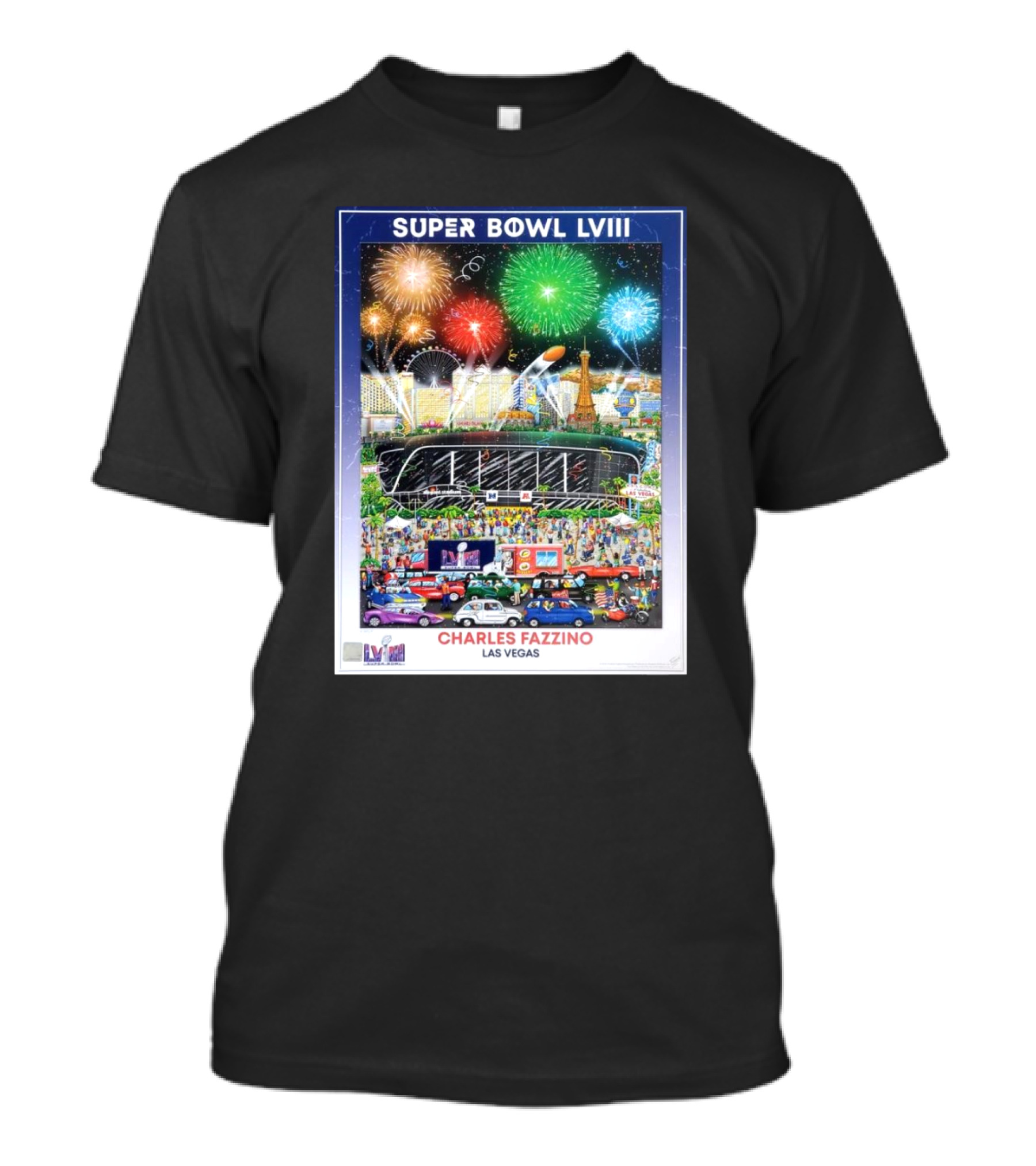 Super Bowl LVIII Charles Fazzino Las Vegas 2024 Stadium Fireworks Celebration T-Shirt