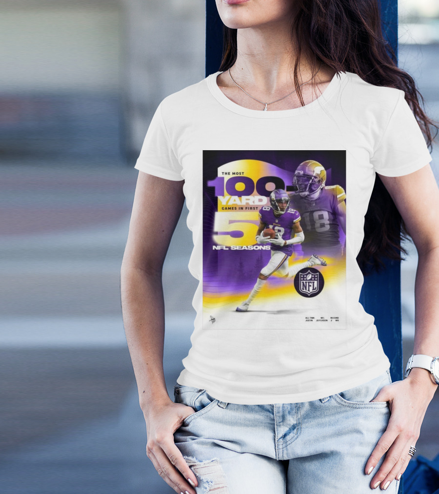 The Most 100 Yard Games In First 5 NFL Seasons Minnesota Vikings Justin Jefferson T-Shirt
