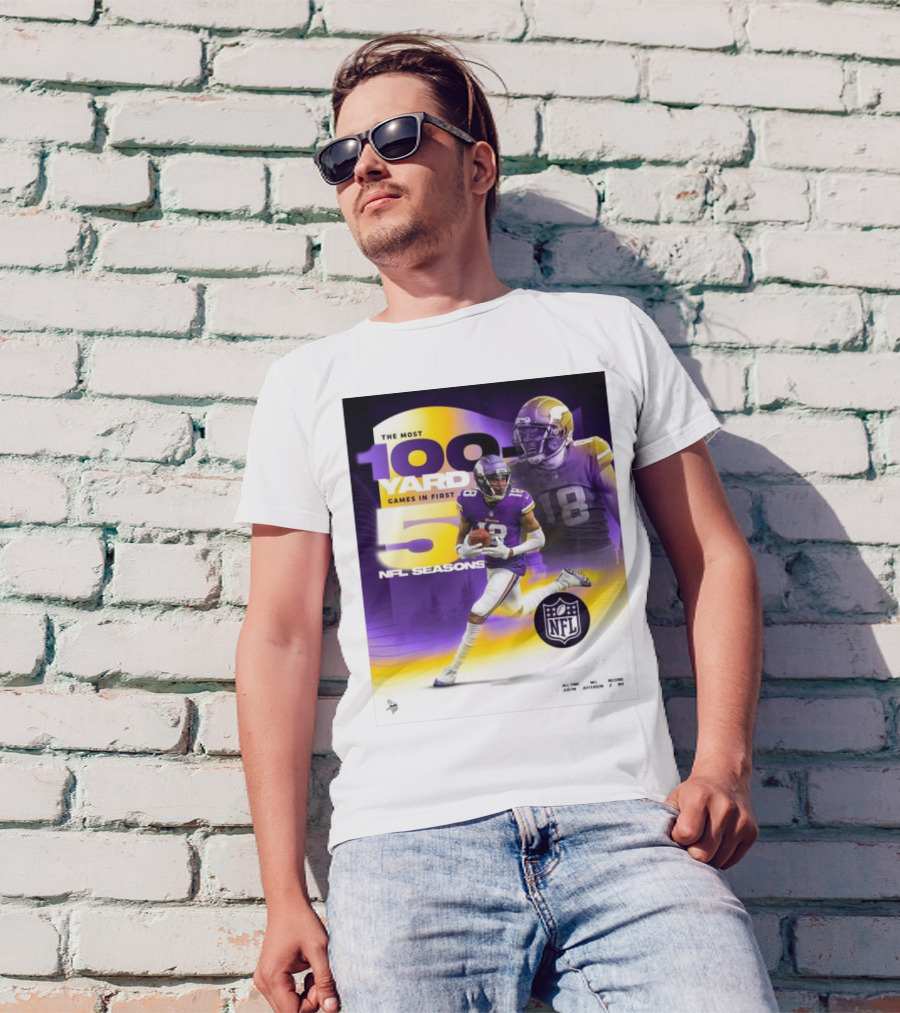 The Most 100 Yard Games In First 5 NFL Seasons Minnesota Vikings Justin Jefferson T-Shirt