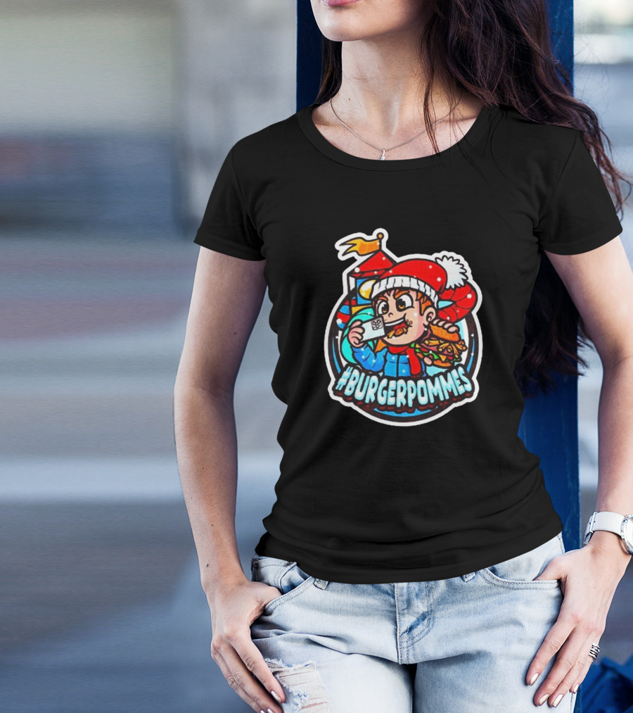 Lukasbs #Burgerpommes Christmas 2024 Festive Cartoon Santa Hat Burger Sandwich T-Shirt