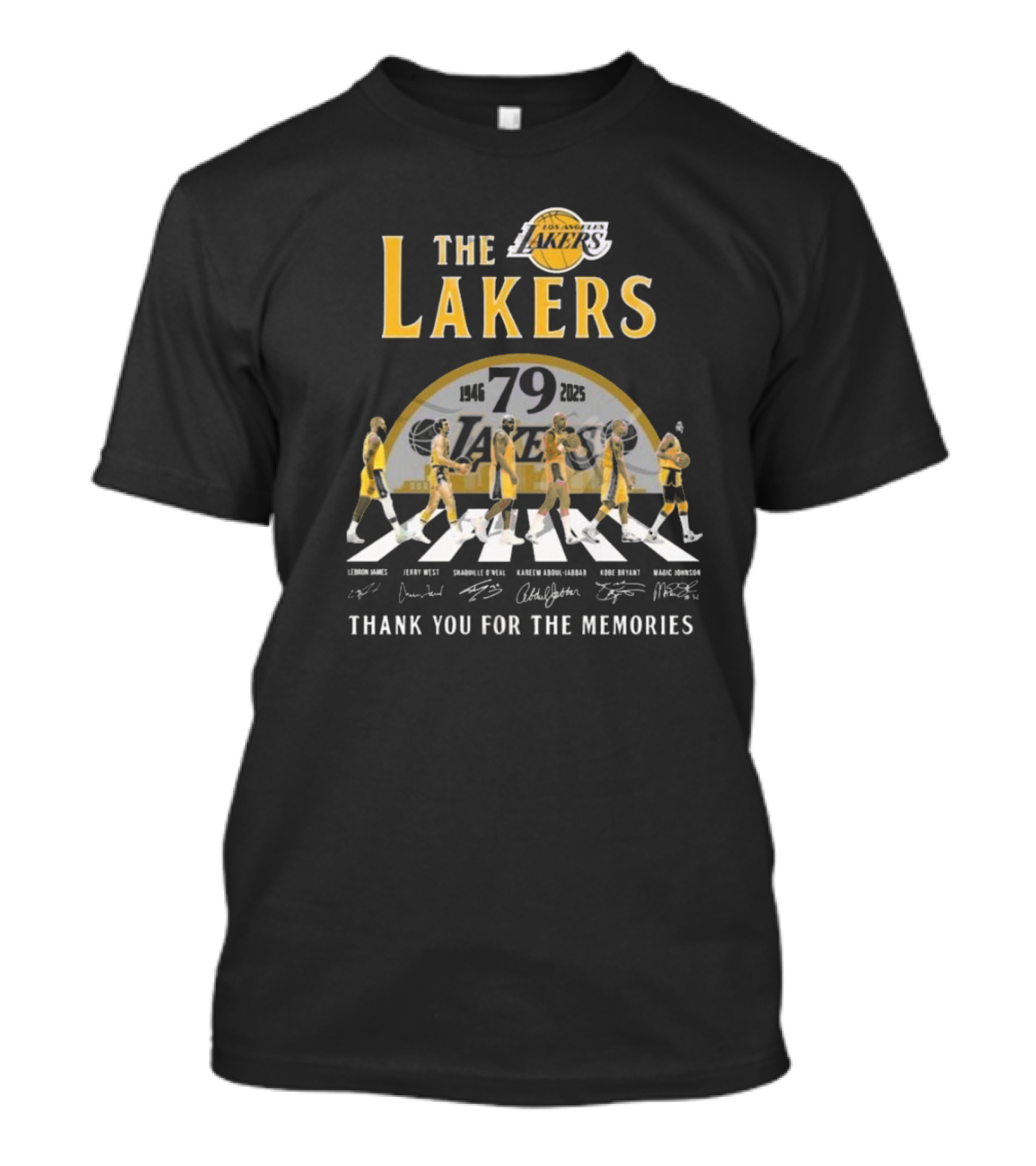 Los Angeles Lakers 79th Anniversary 1946-2025 Thank You For The Memories Walking Signatures LeBron James Jerry West Shaquille O'Neal Kareem Abdul-Jabbar Kobe Bryant Magic Johnson T-Shirt