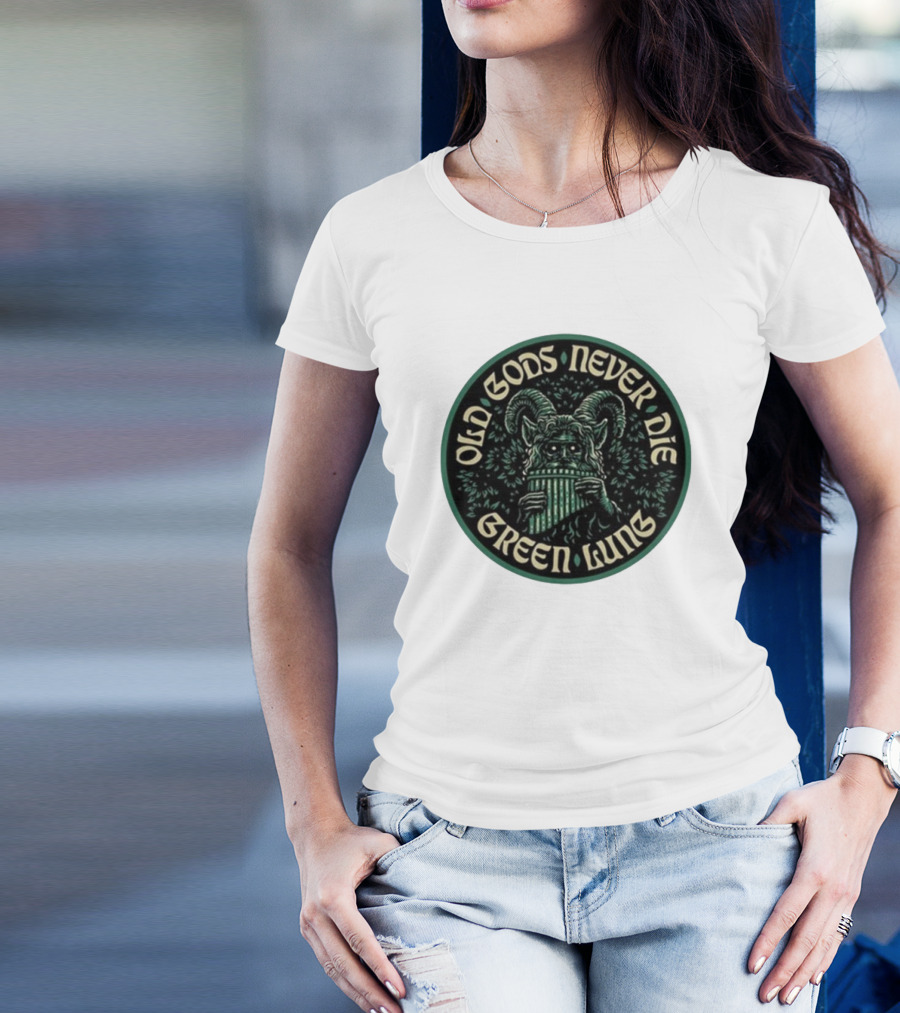 Green Lung Old Gods Never Die Pagan Horned Creature Playing Pan Flute T-Shirt