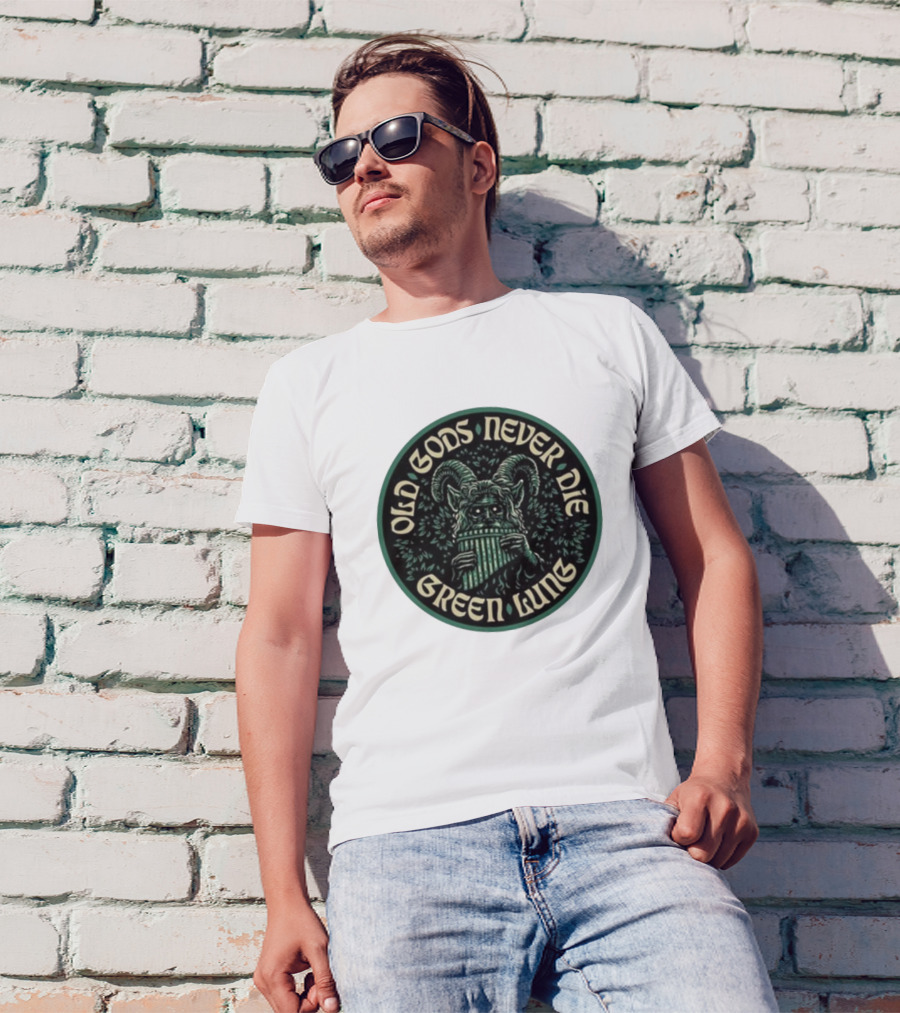 Green Lung Old Gods Never Die Pagan Horned Creature Playing Pan Flute T-Shirt