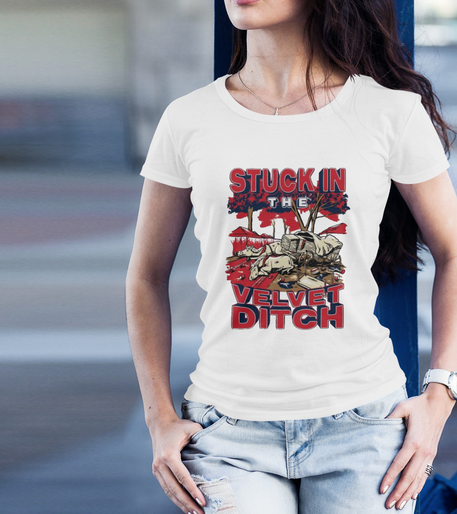 Stuck In The Velvet Ditch Ole Miss Rebels Wagon Red Blue Trees T-Shirt