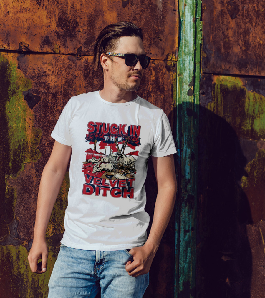 Stuck In The Velvet Ditch Ole Miss Rebels Wagon Red Blue Trees T-Shirt