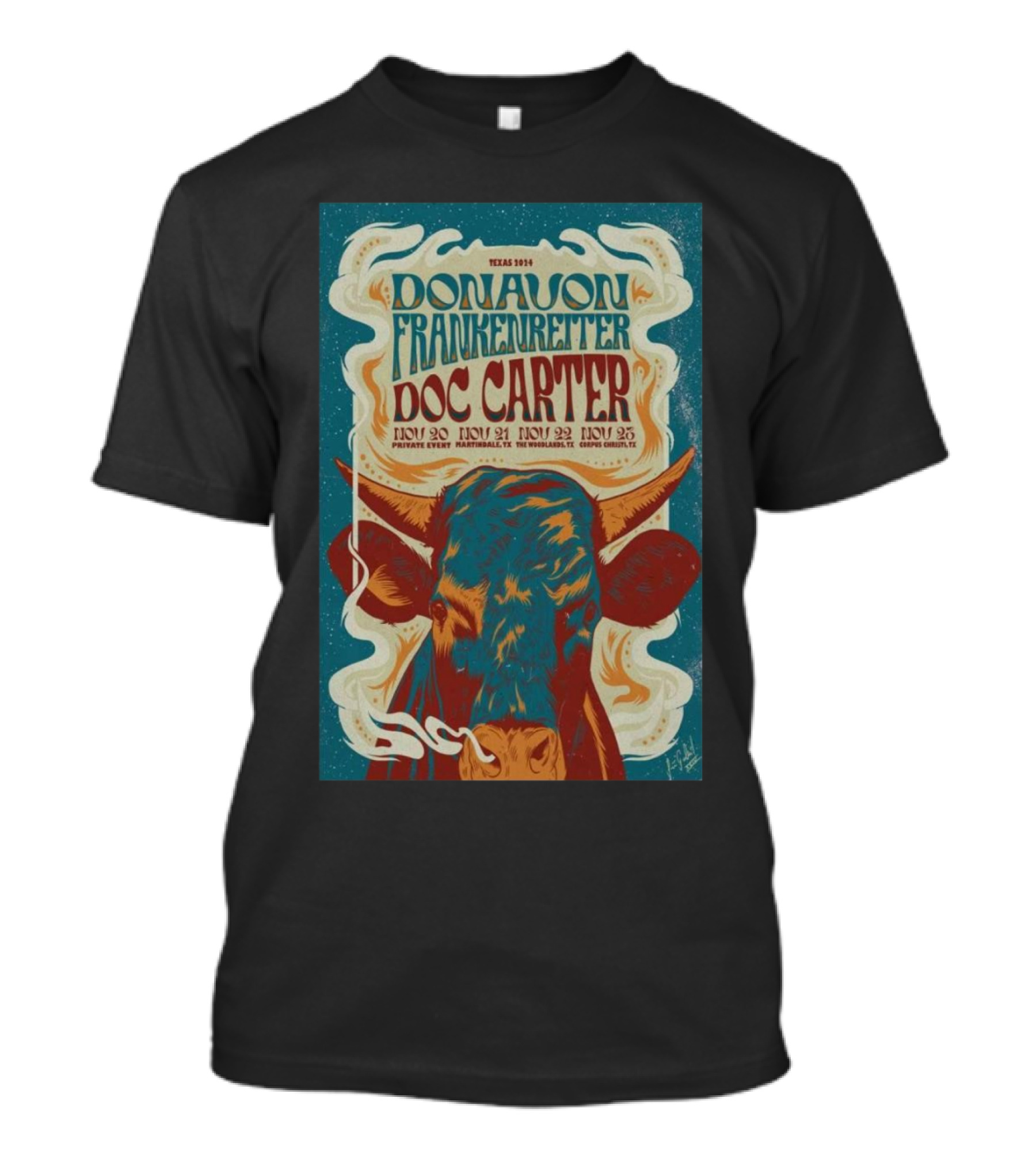 Donavon Frankenreiter Doc Carter Tour Texas 2024 Nov 20-23 Private Event Martindale Woodlands Corpus Christi Cow T-Shirt