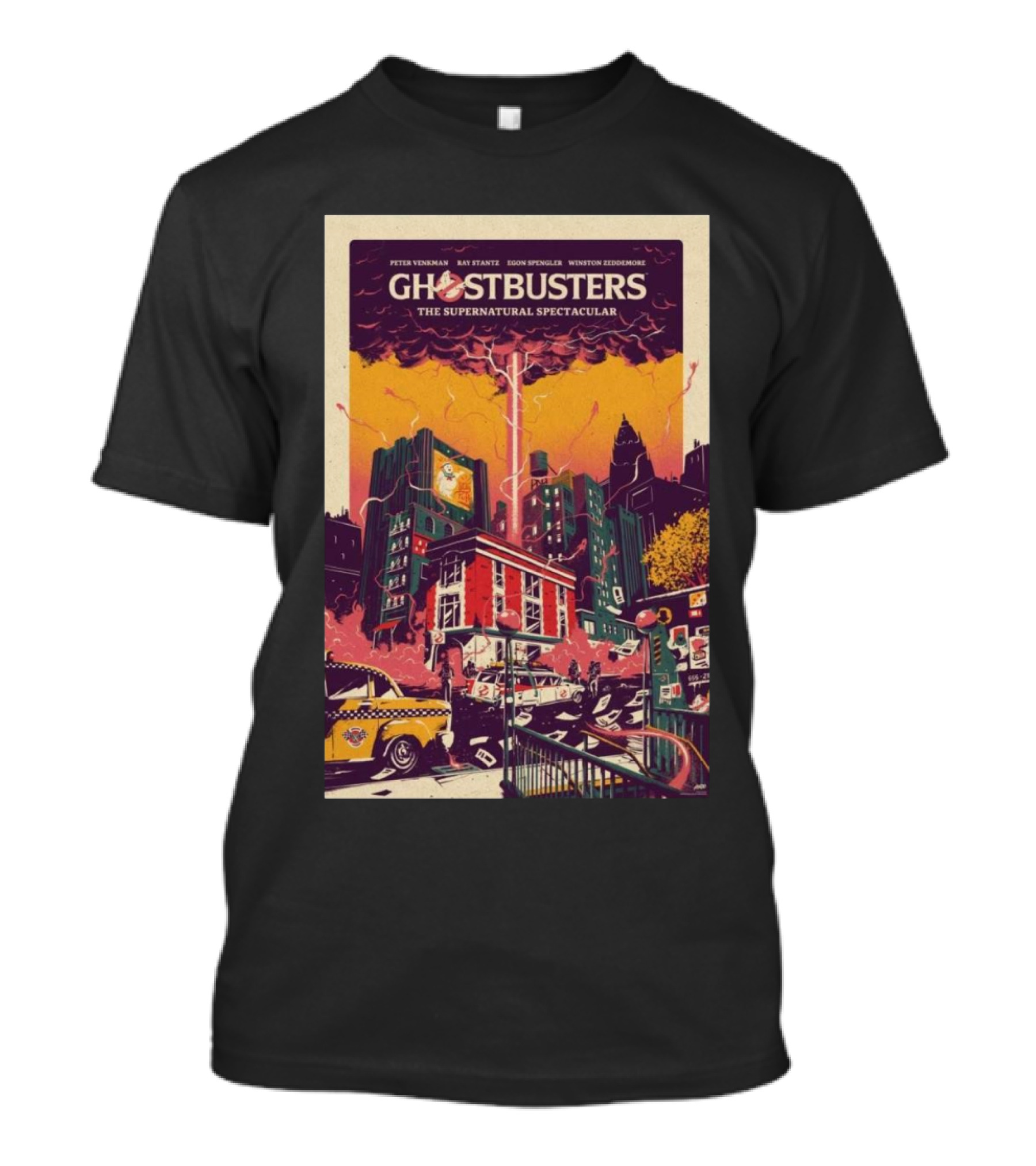 Ghostbusters The Supernatural Spectacular 2024 Vintage City Scene With Taxi And Lightning T-Shirt