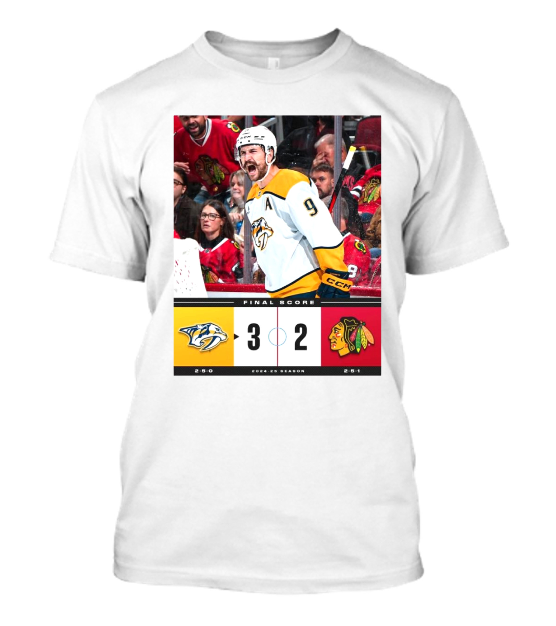 Nashville Predators 3-2 Chicago Blackhawks Final Score 2024-25 Season T-Shirt