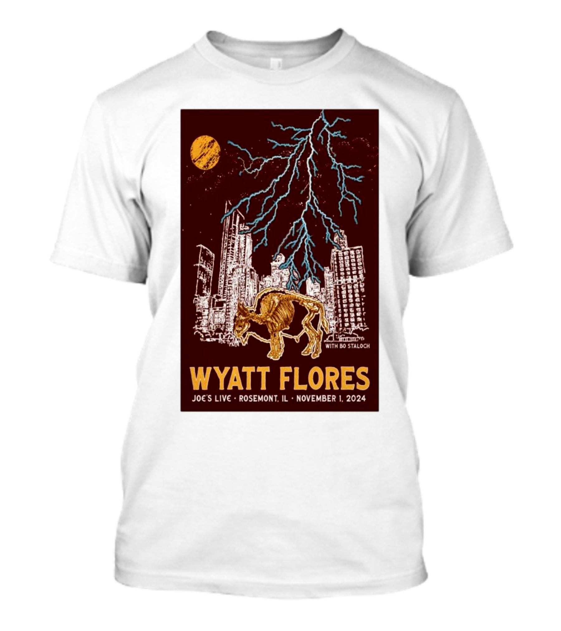 Wyatt Flores Joe's Live Rosemont IL November 1 2024 Lightning Cityscape Buffalo With Bo Stalnch T-Shirt