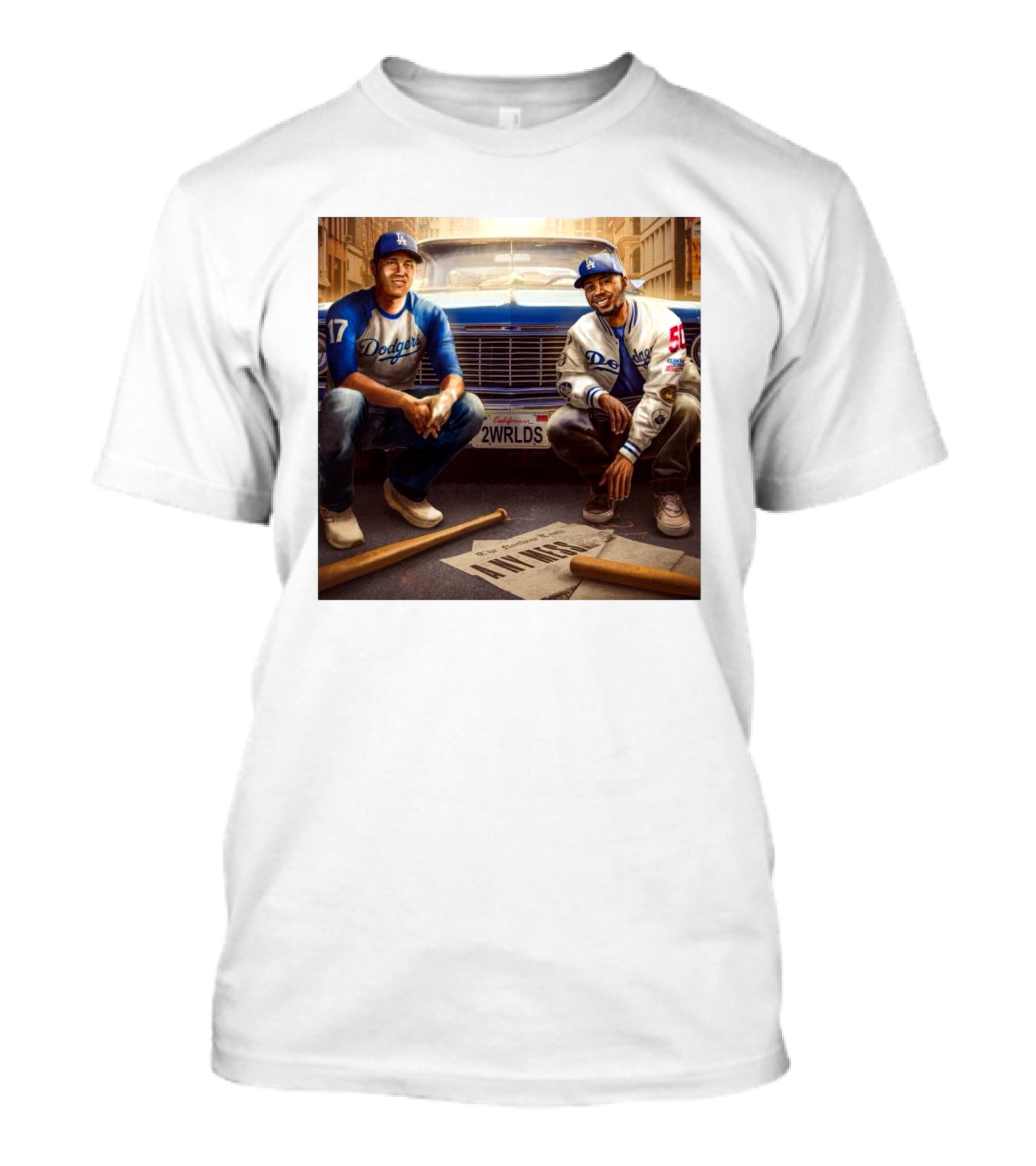 Shohei Ohtani And Mookie Betts Dodgers 2 Worlds California License Plate Baseball Street Scene T-Shirt