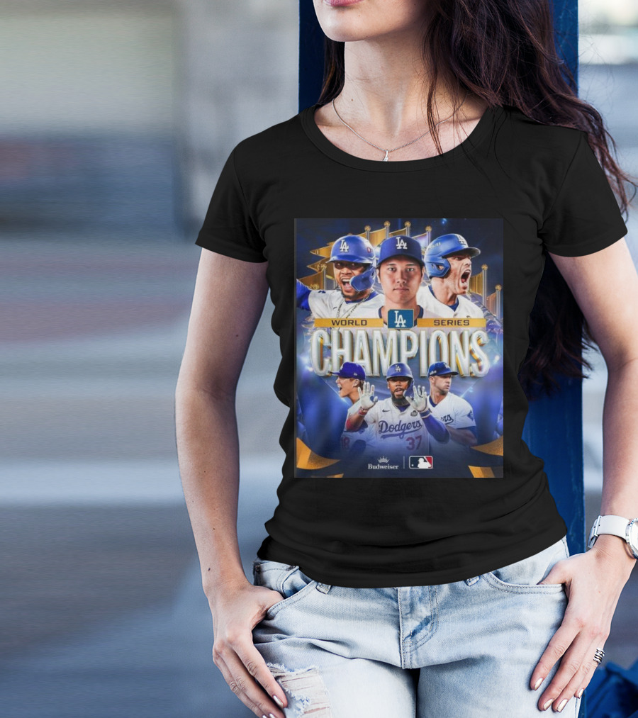 Los Angeles Dodgers 2024 World Series Champions With Players And Budweiser MLB T-Shirt