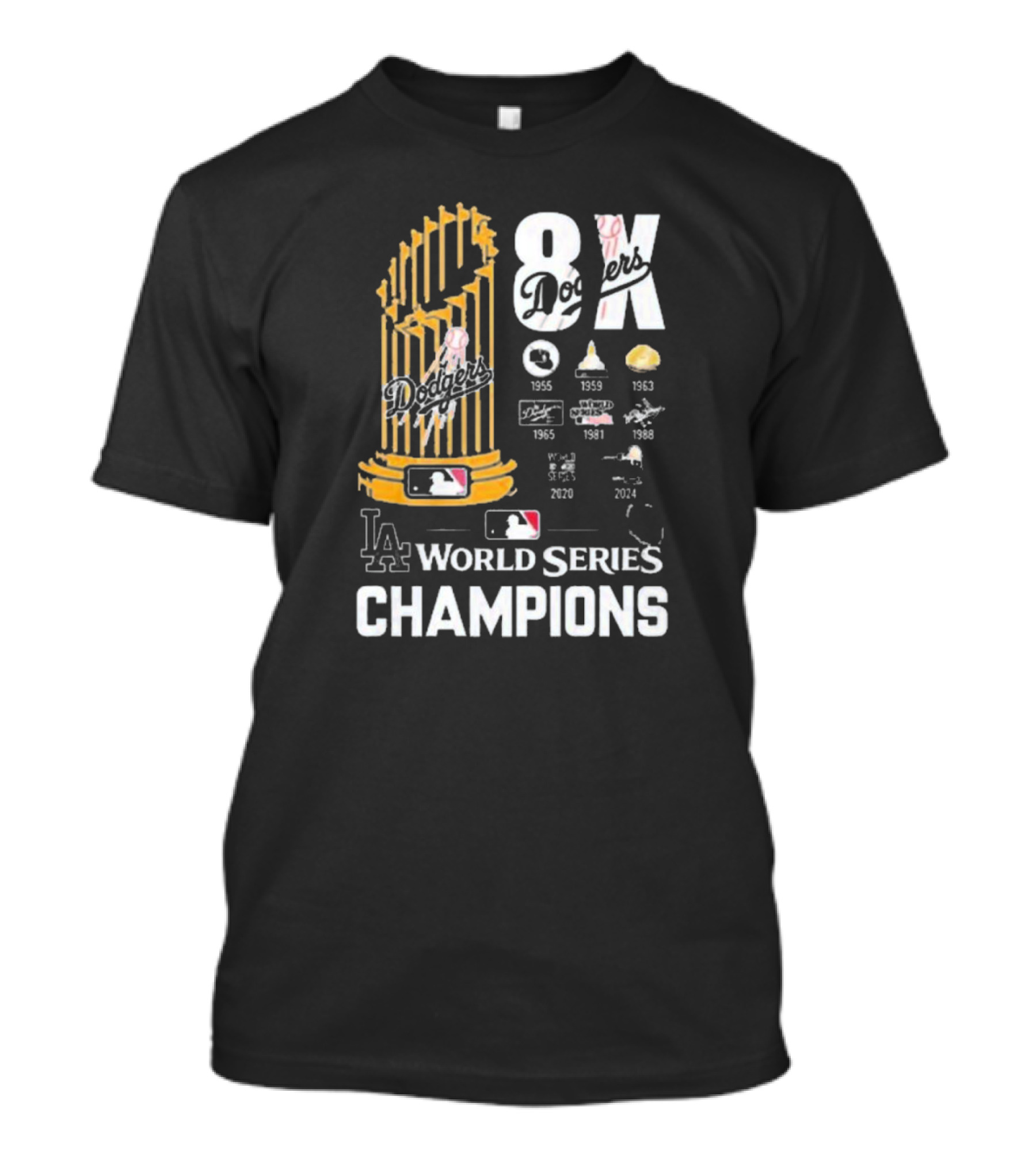 LA Dodgers World Series Champions History 1955-2024 With Trophy T-Shirt