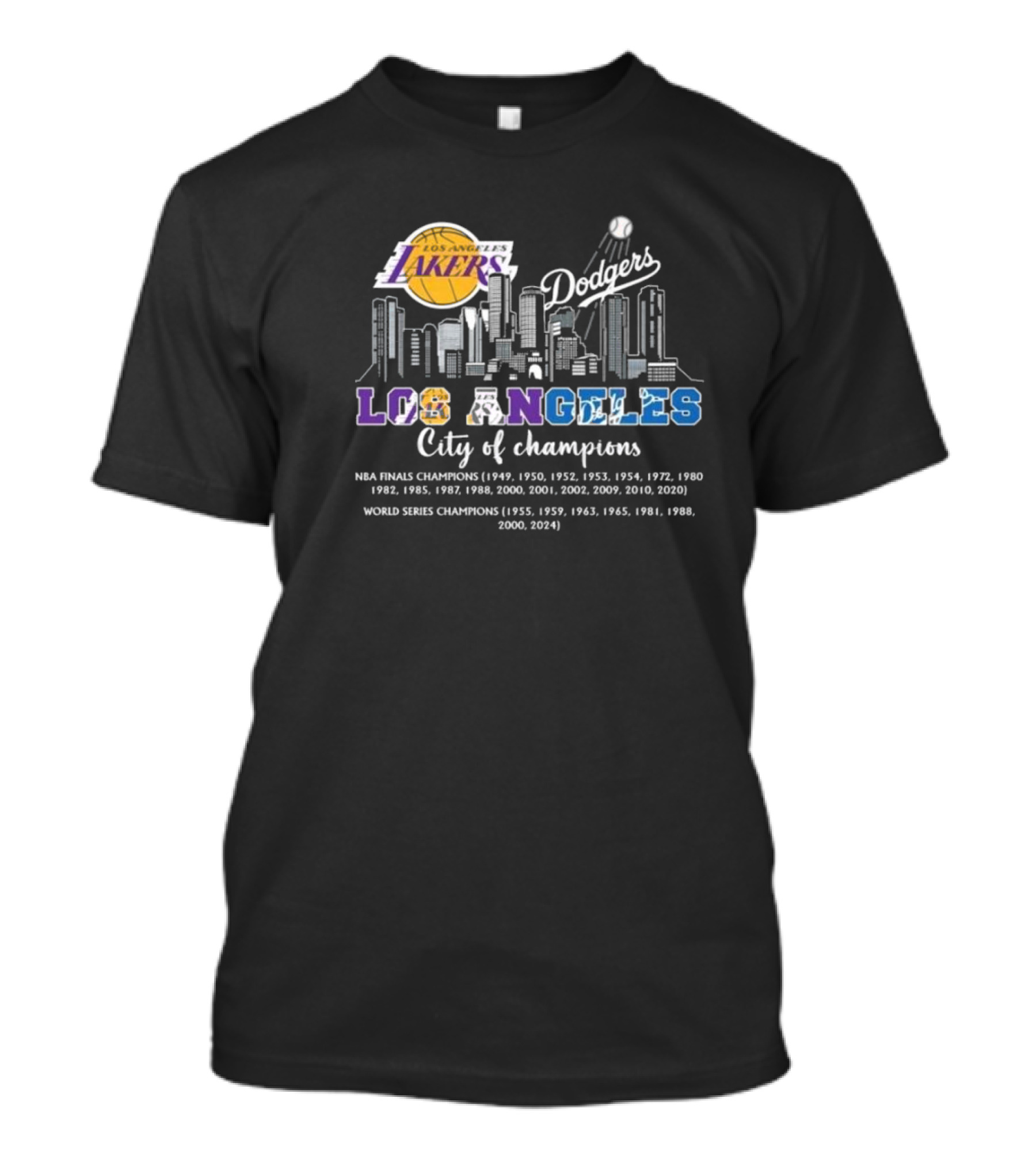 Los Angeles Lakers Dodgers City Of Champions 2024 NBA Finals World Series Champions T-Shirt