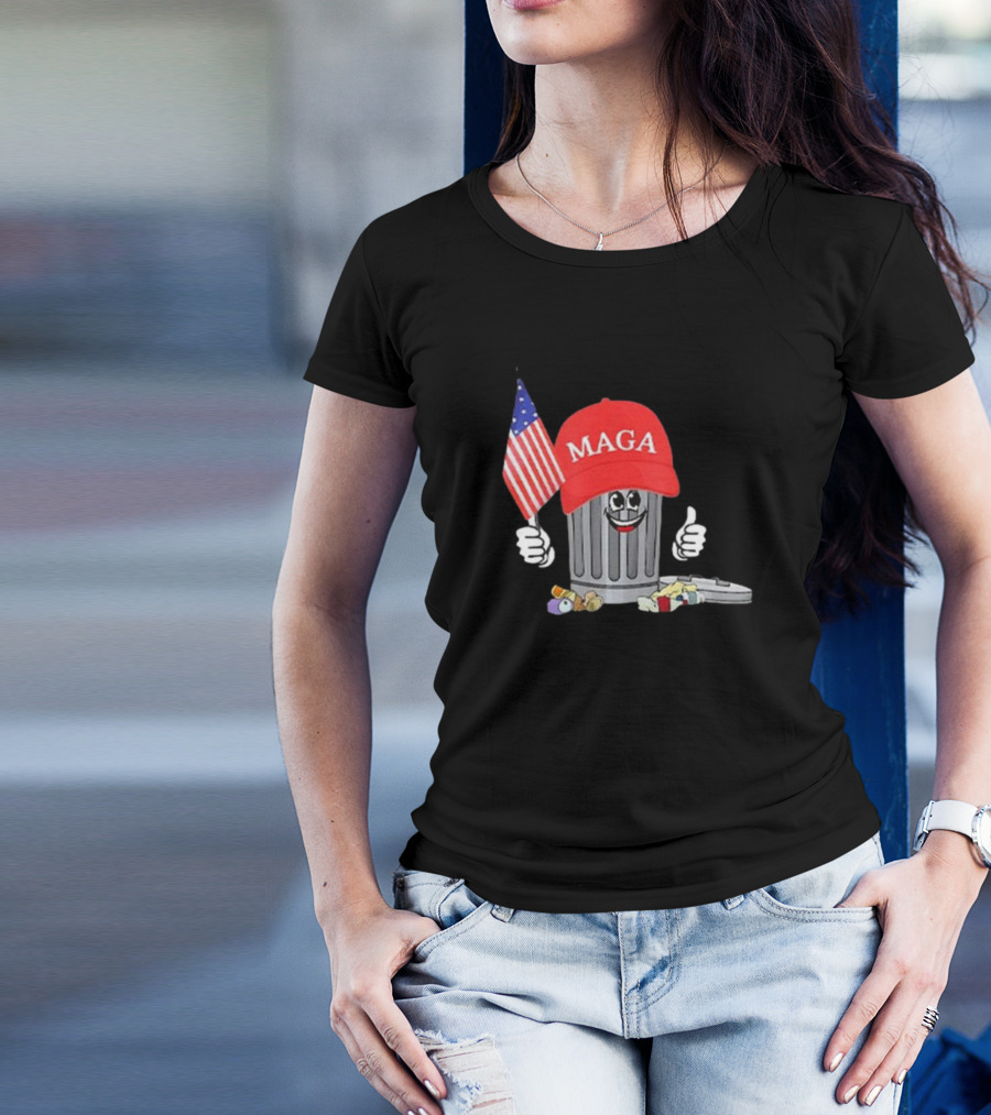 MAGA Hat Wearing Garbage Can Giving Thumbs Up Holding American Flag T-Shirt