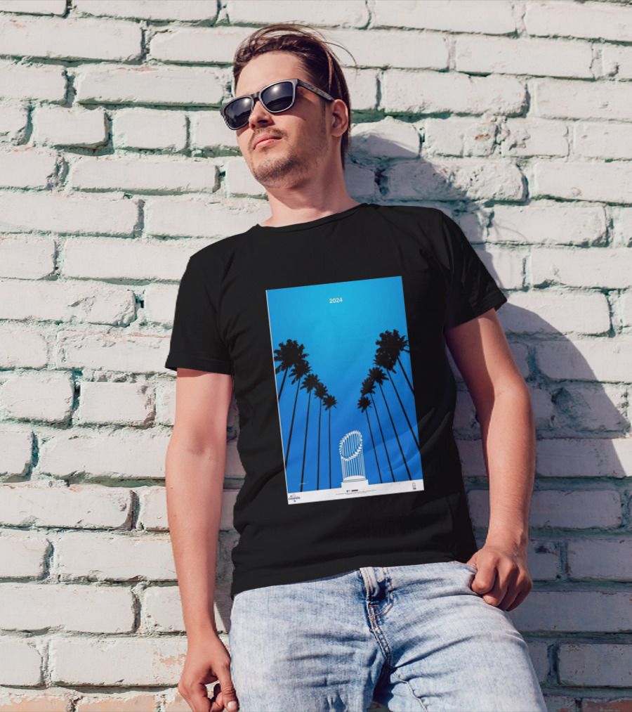 Los Angeles Dodgers 2024 World Series Champions Minimalist Poster With Trophy And Palm Trees T-Shirt