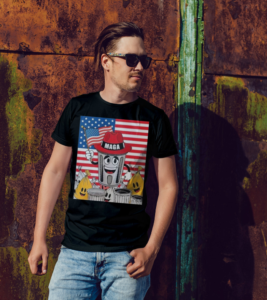 MAGA Trash Can Cartoon Trump Supporter With Flag Patriotic T-Shirt