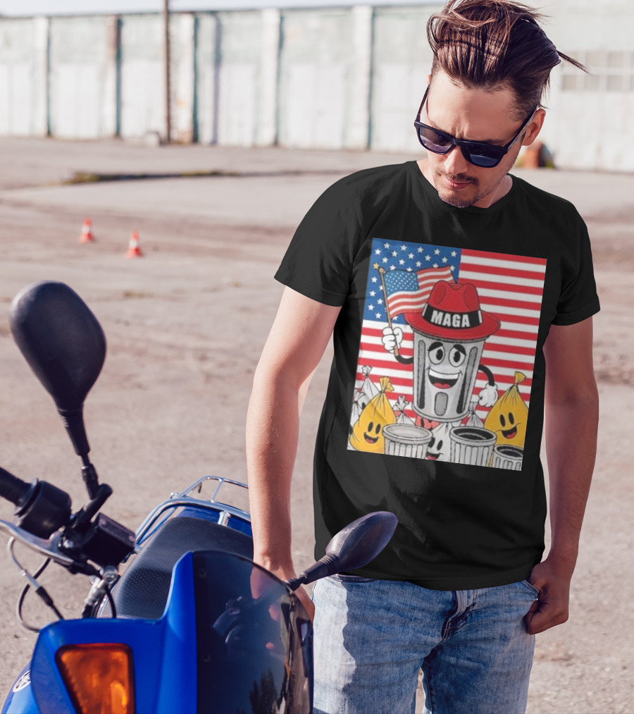 MAGA Trash Can Cartoon Trump Supporter With Flag Patriotic T-Shirt